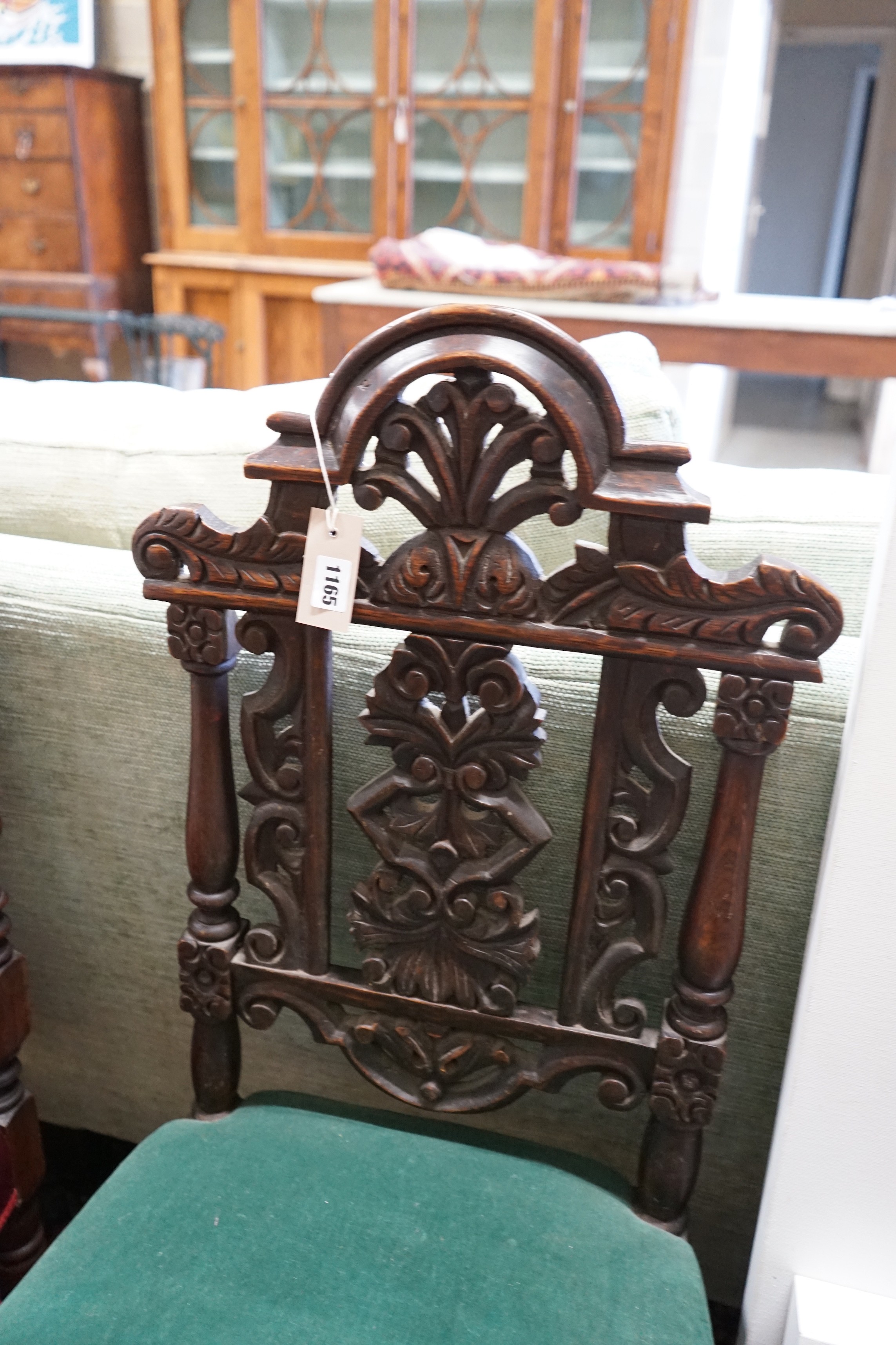 Two Victorian carved oak and walnut side chairs, larger height 92cm